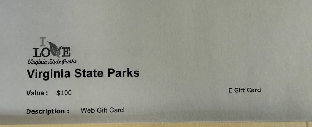 Virginia State Parks $100 Web Gift Card E-gift