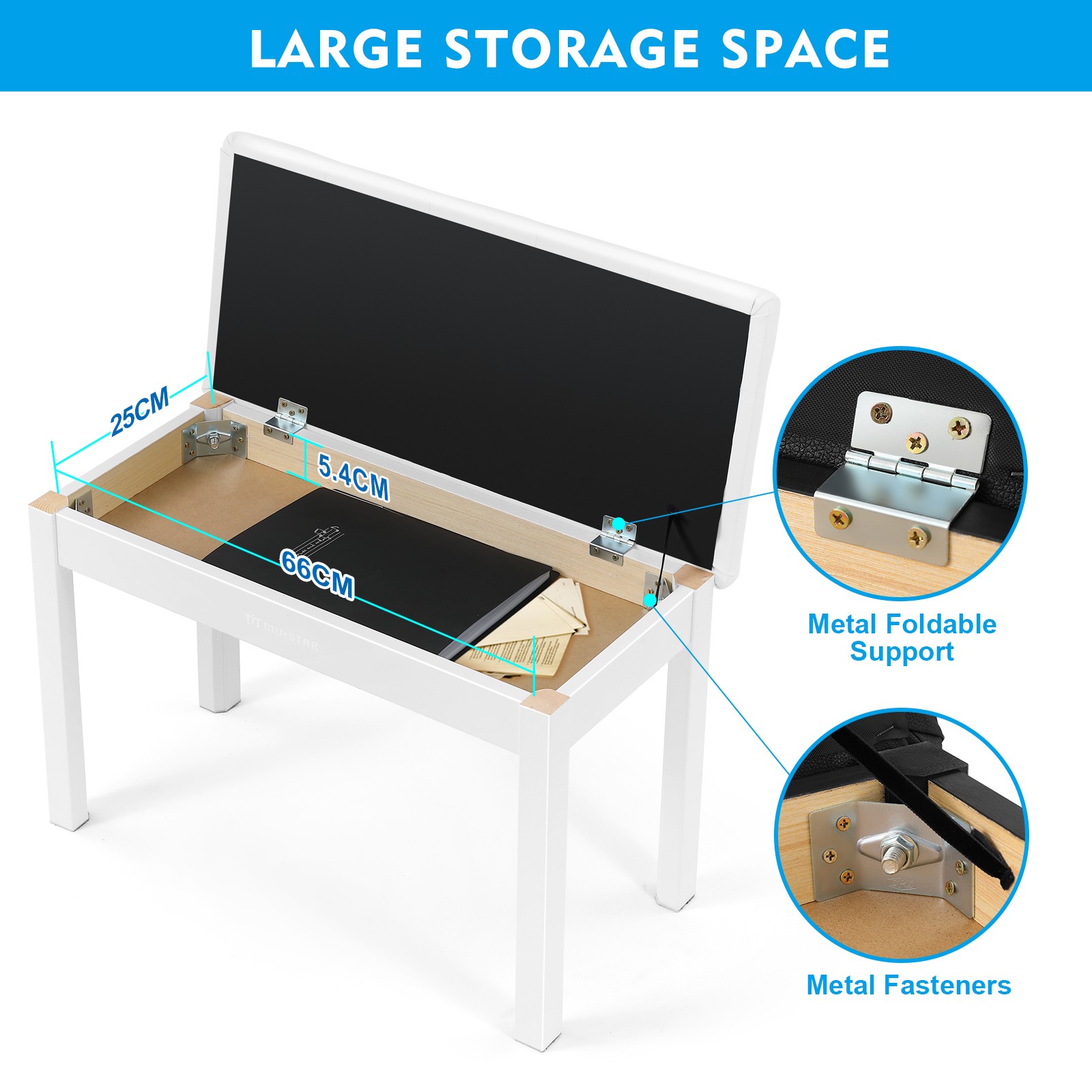 Wooden White Duet Piano Keyboards Bench Vanity Stool with Storage,Padded Cushion