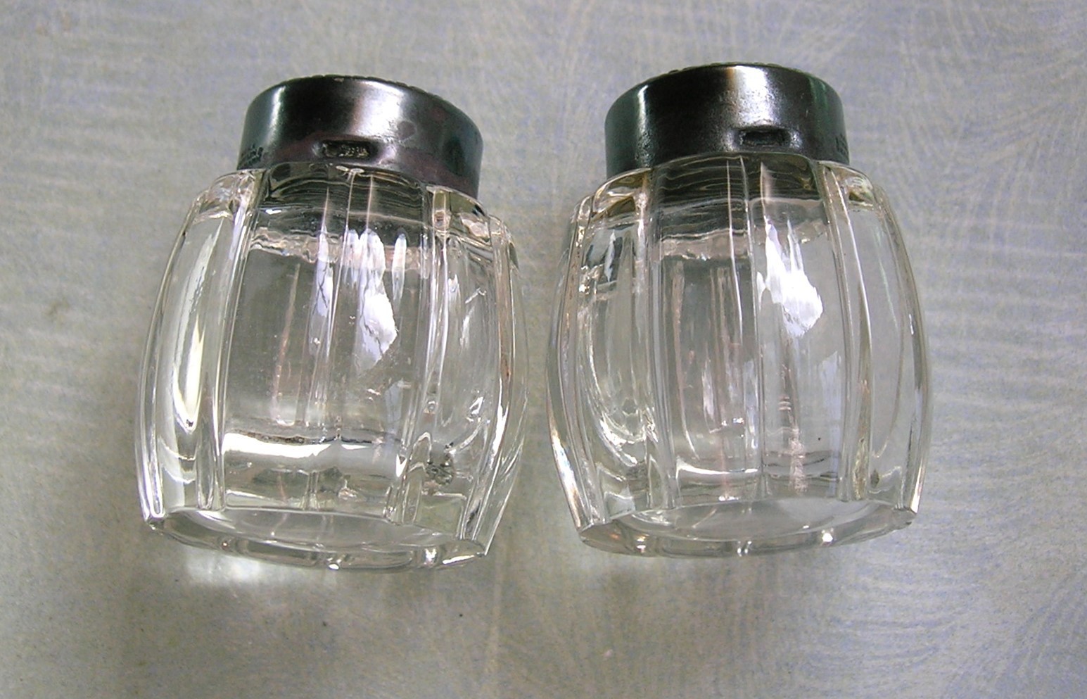 GLASS STERLING ENAMEL SALT AND PEPPER SHAKERS VINTAGE DANISH EXCELLENT CONDITION