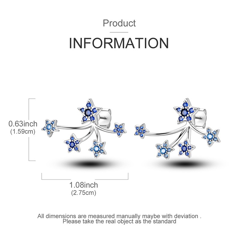 MULA Original 925 Sterling Silver Stud Earrings Blue CZ Star for Women Jewelry