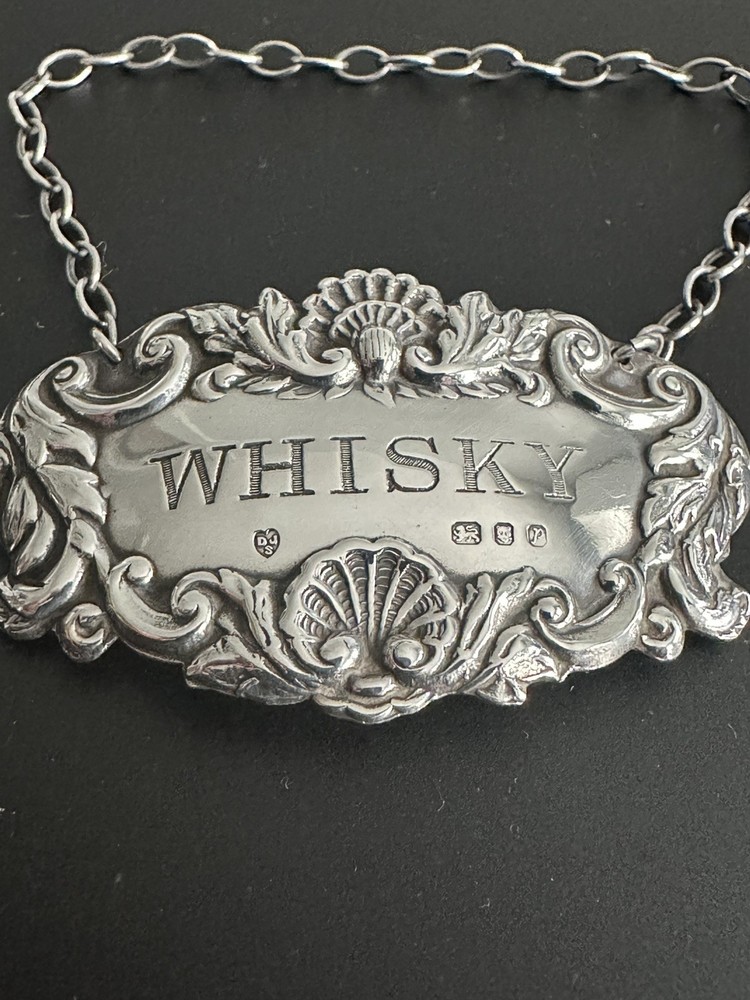 Solid Silver Rococo Style Whisky Decanter Wine Label D J Silver London 1972