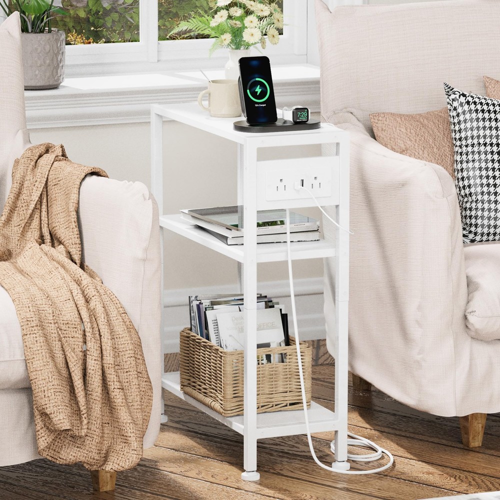 End Table Charging Station 3-Tier Side Table USB Type C 2 Outlets White