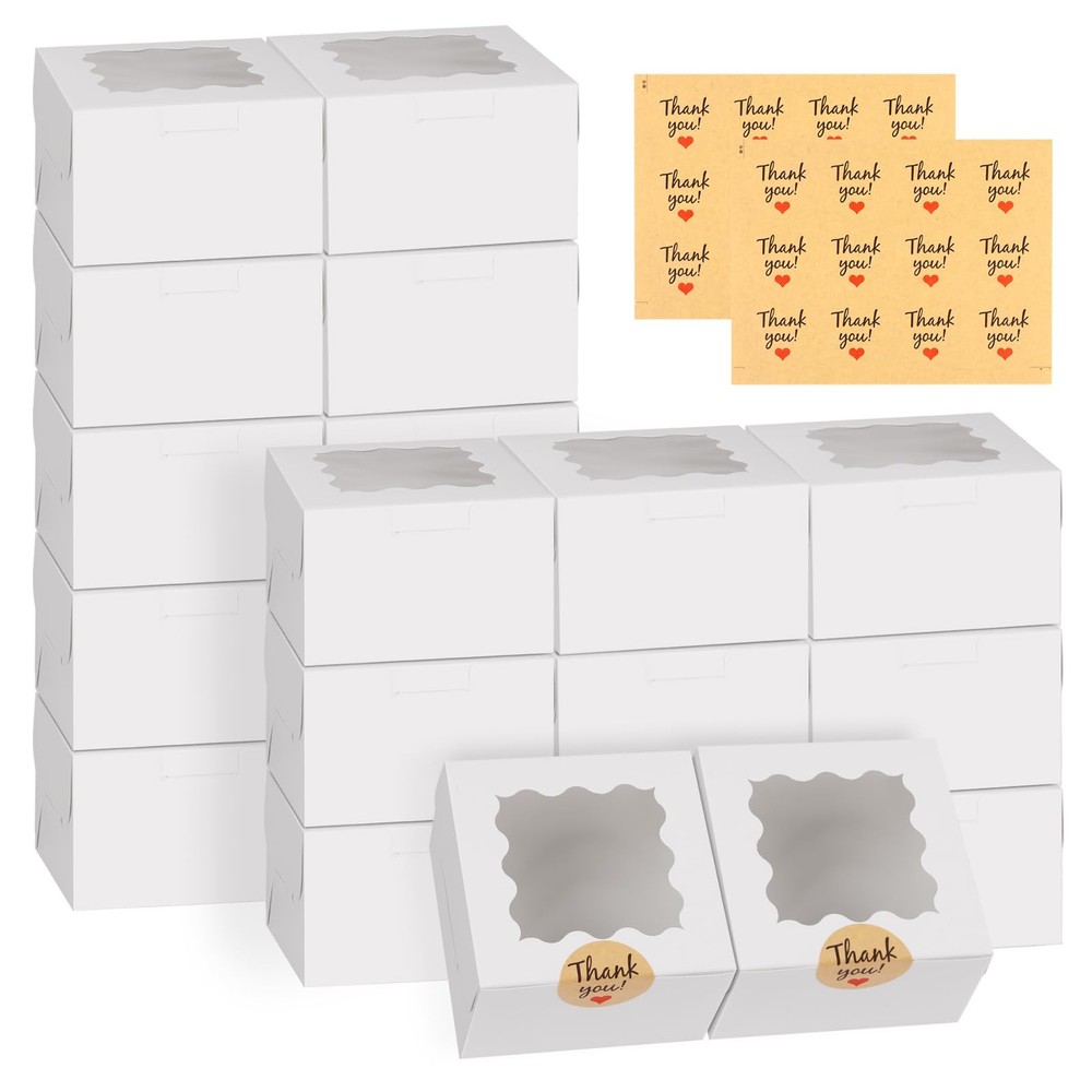24pcs White Cookie Boxes, 4x4x2.5 Inches Bakery Boxes with Window, for Mini C...
