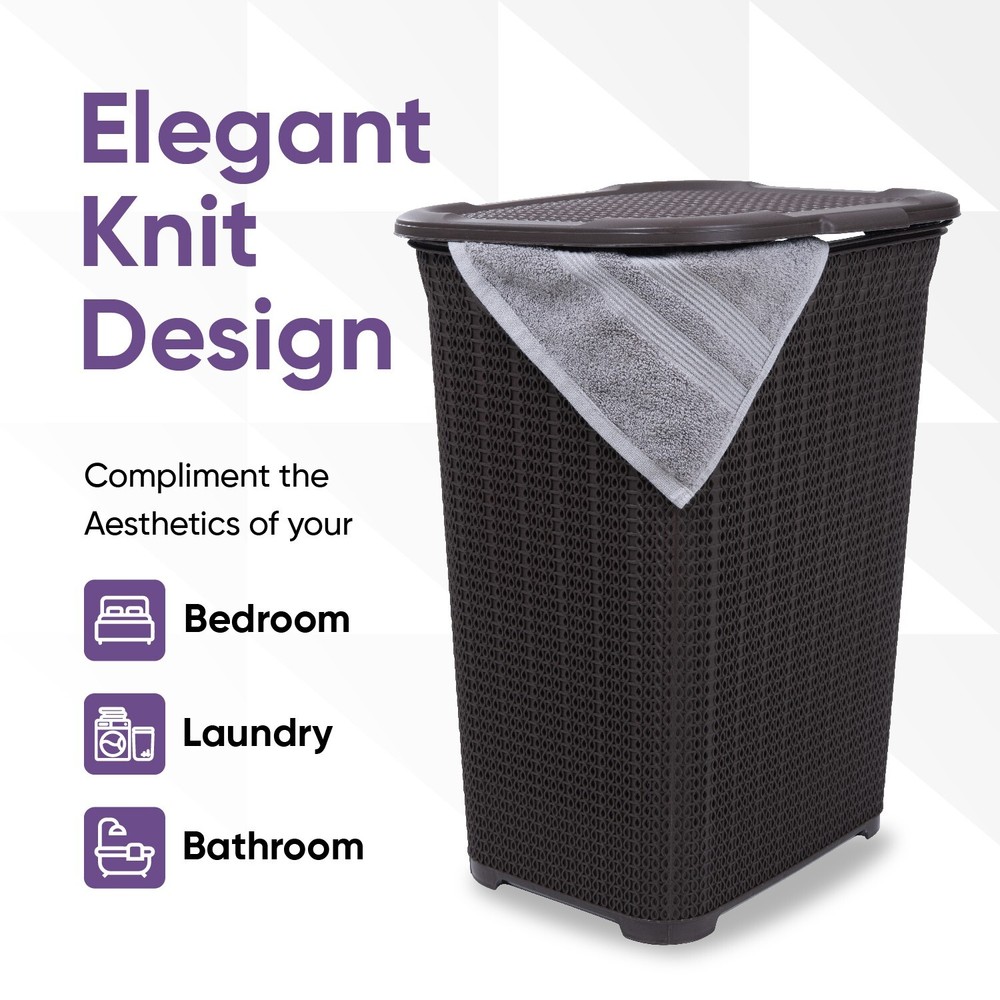 Plastic Laundry Hamper with Lid 50 Liter , Brown 3 Pack Knit Designed, Durable
