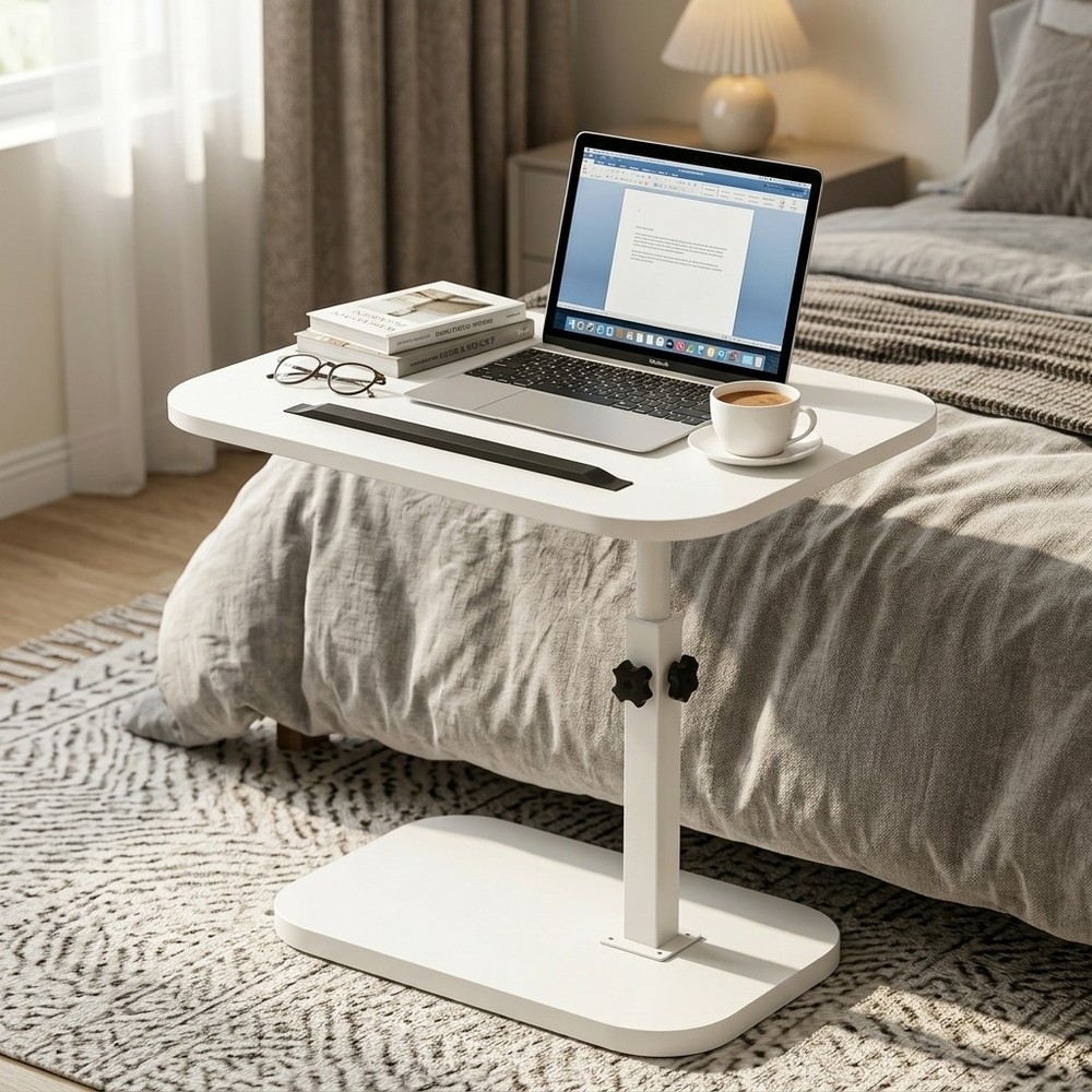 Swivel White C-Shaped Side Table Height Adjustable End Table with Slot for Sofa