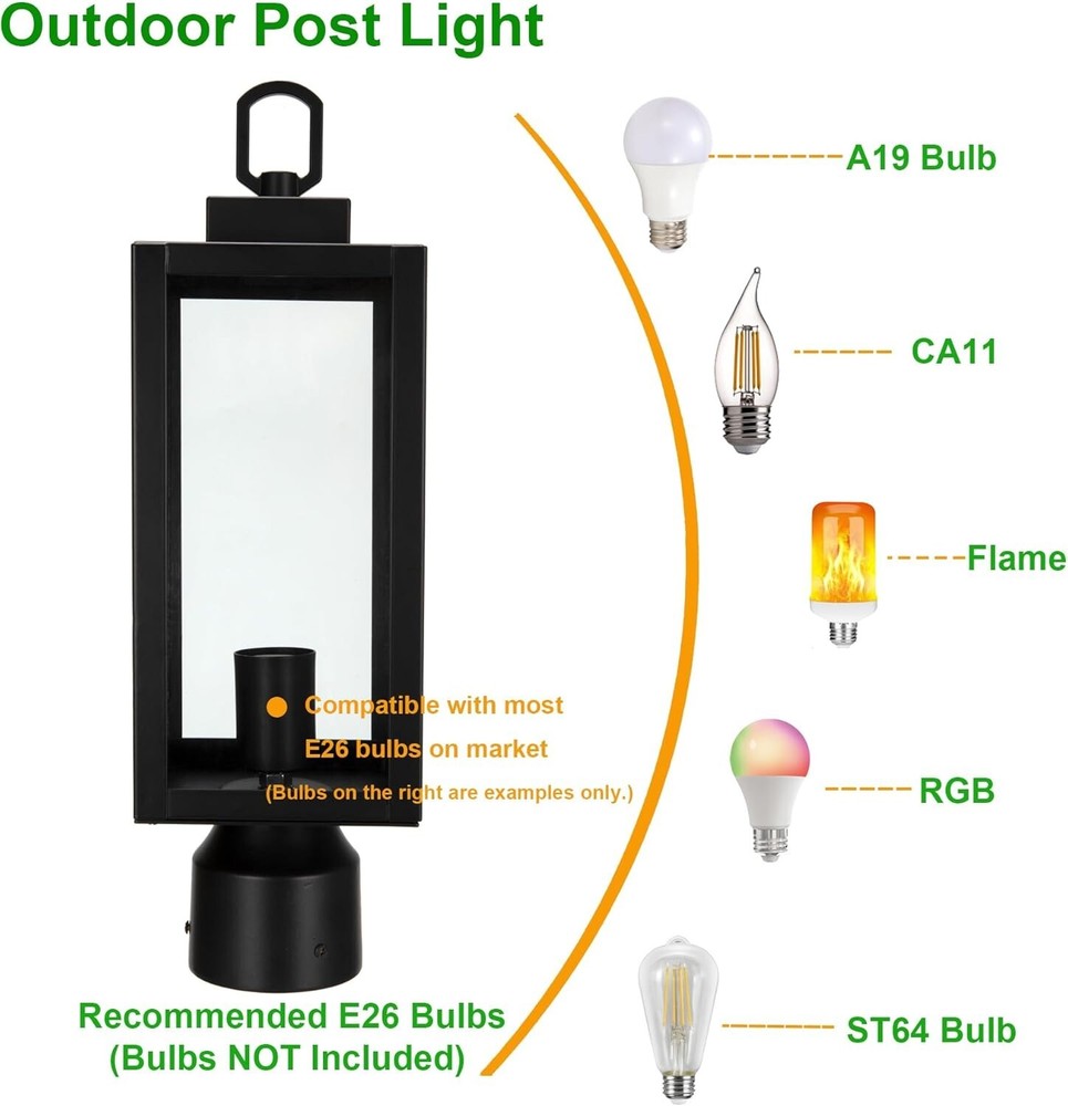 LIT-PaTH Outdoor Post Lighting Fixture with E26 Medium Base Max 60W, Metal...