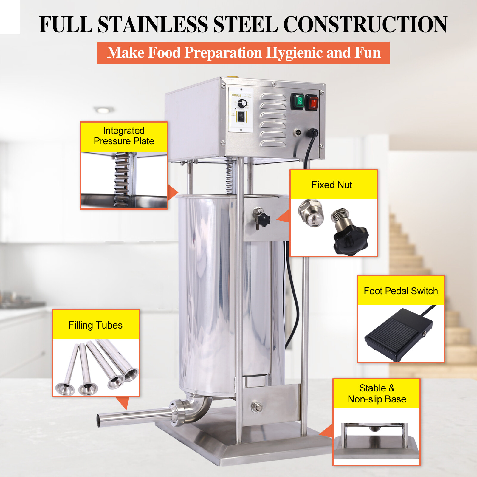 30L Sausage Stuffer Machine 10 Speed Vertical Sausage Maker 5 Filling Tubes