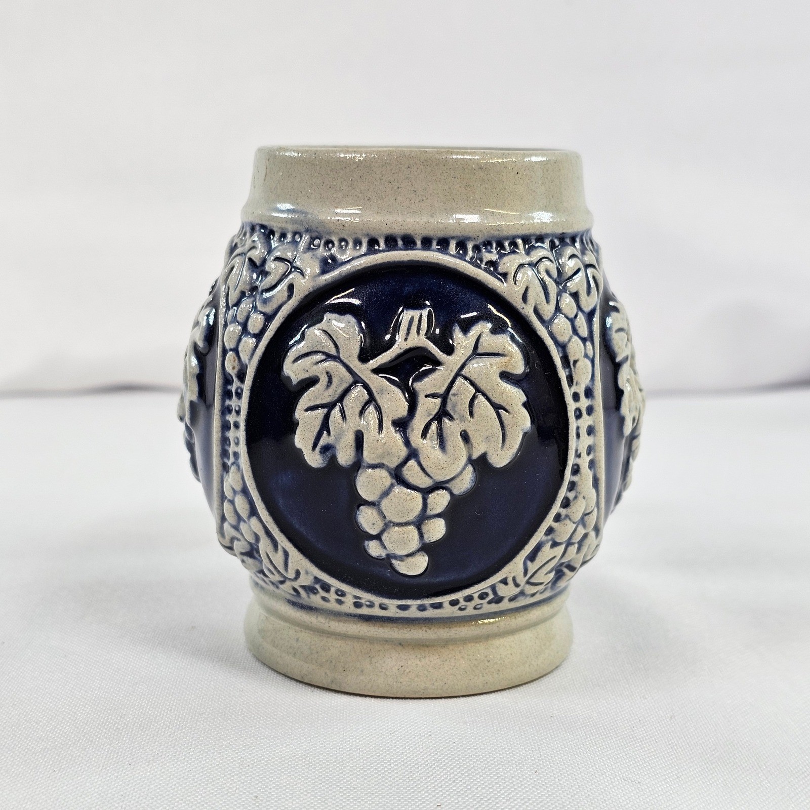 King German Salt Glaze Stoneware Beer Stein Mug Grape Relief Cobalt Blue 4in