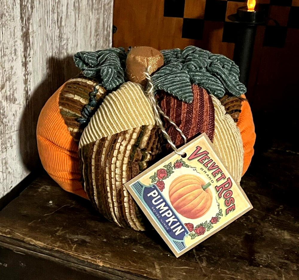 Grubby Primitive Patchwork Pumpkin Pillow Fall Halloween w Rose Advertising Tag