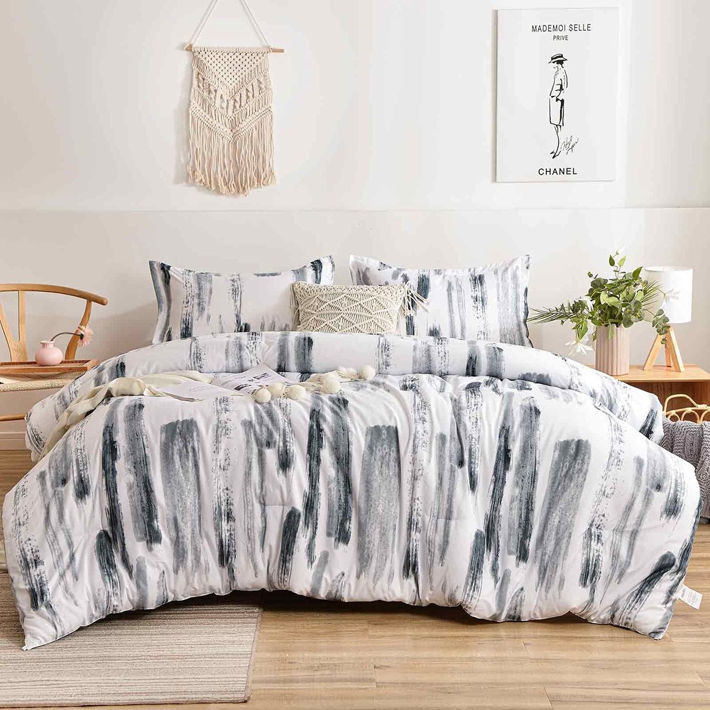 Nanko Queen Comforter Set 3pc, Art Grey White Printed Pattern Reversible Down