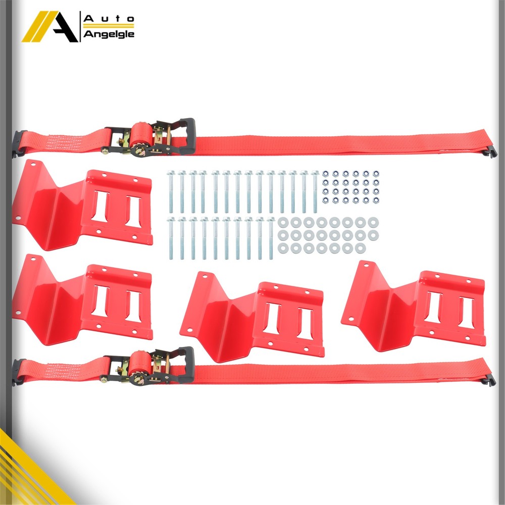 Red Tire Chock Tie Down Kit Includes 8ft Red Ratchet Straps For ATV Trailer UTV