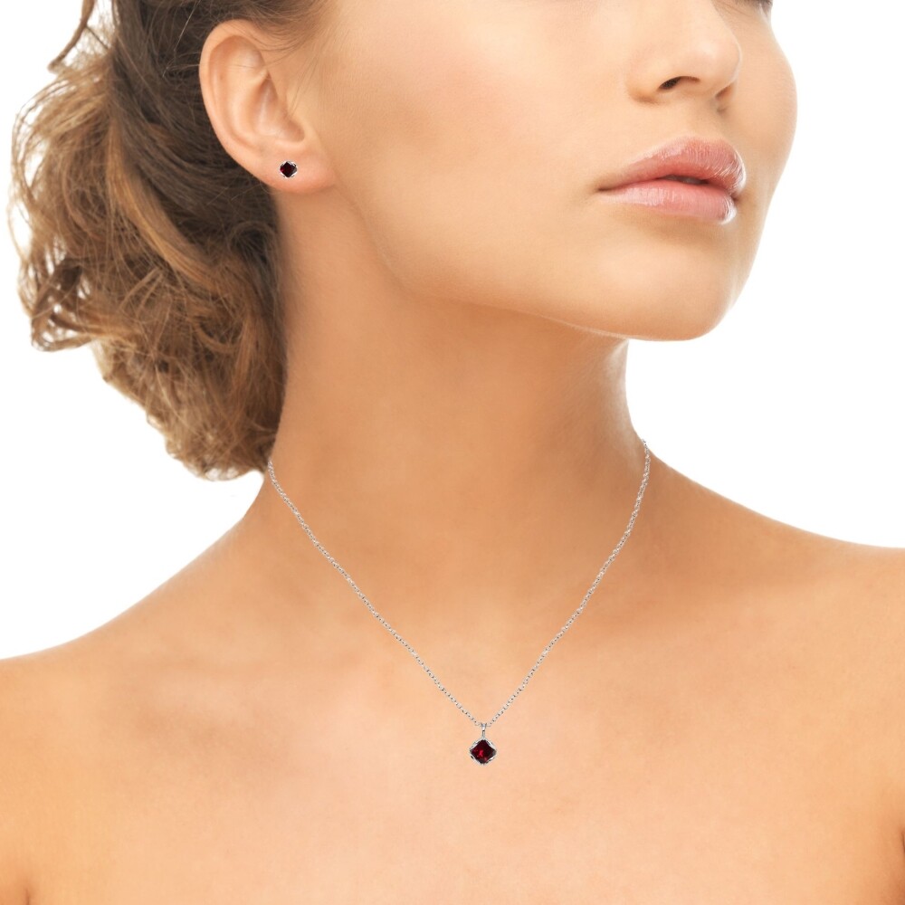 6mm Round Solitaire Created Ruby Sterling Silver Stud Earrings & Necklace Set
