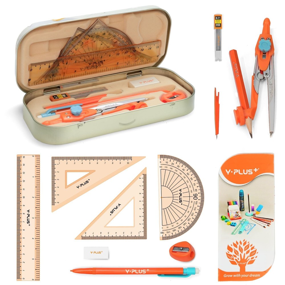 YPLUS Geometry Set - 12 Pcs Protractor Compass Rulers & Pencil Kit