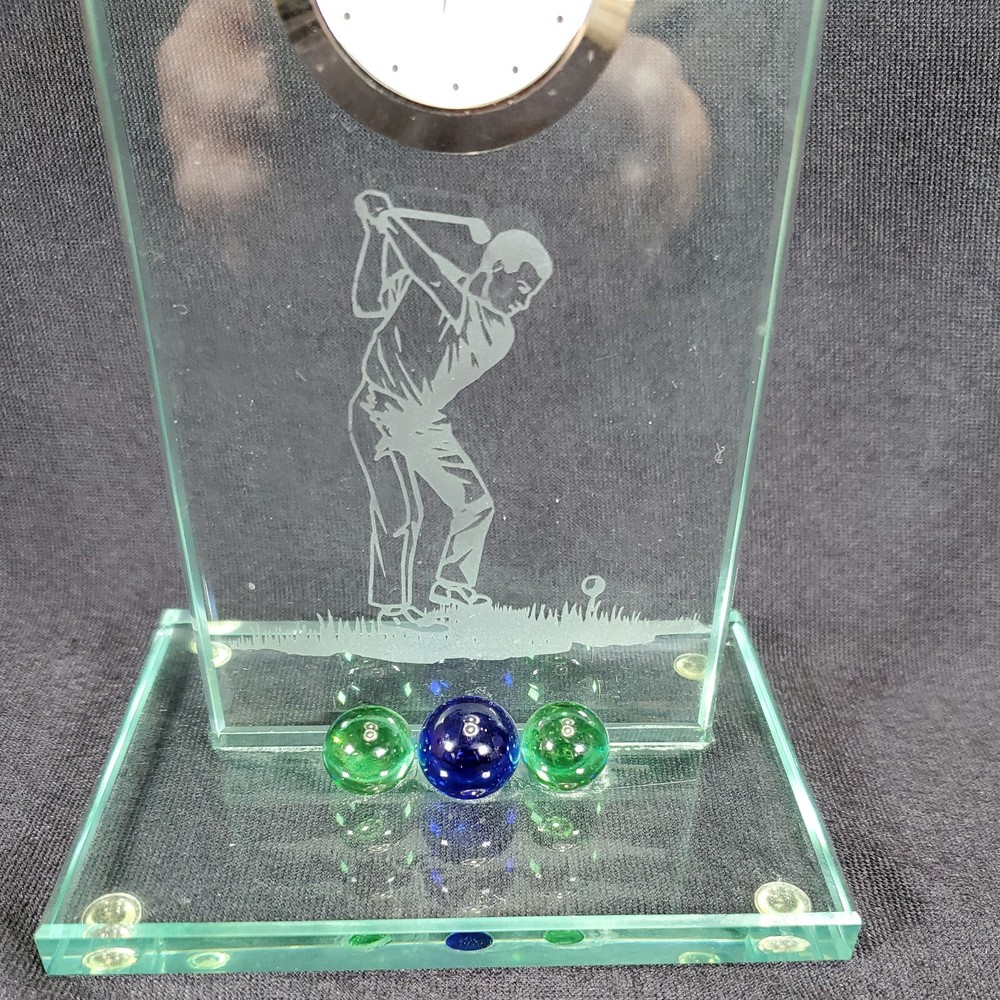 Weinfurtner Golf Clock Etched Crystal Clear Glass 7" High Elegant Desktop