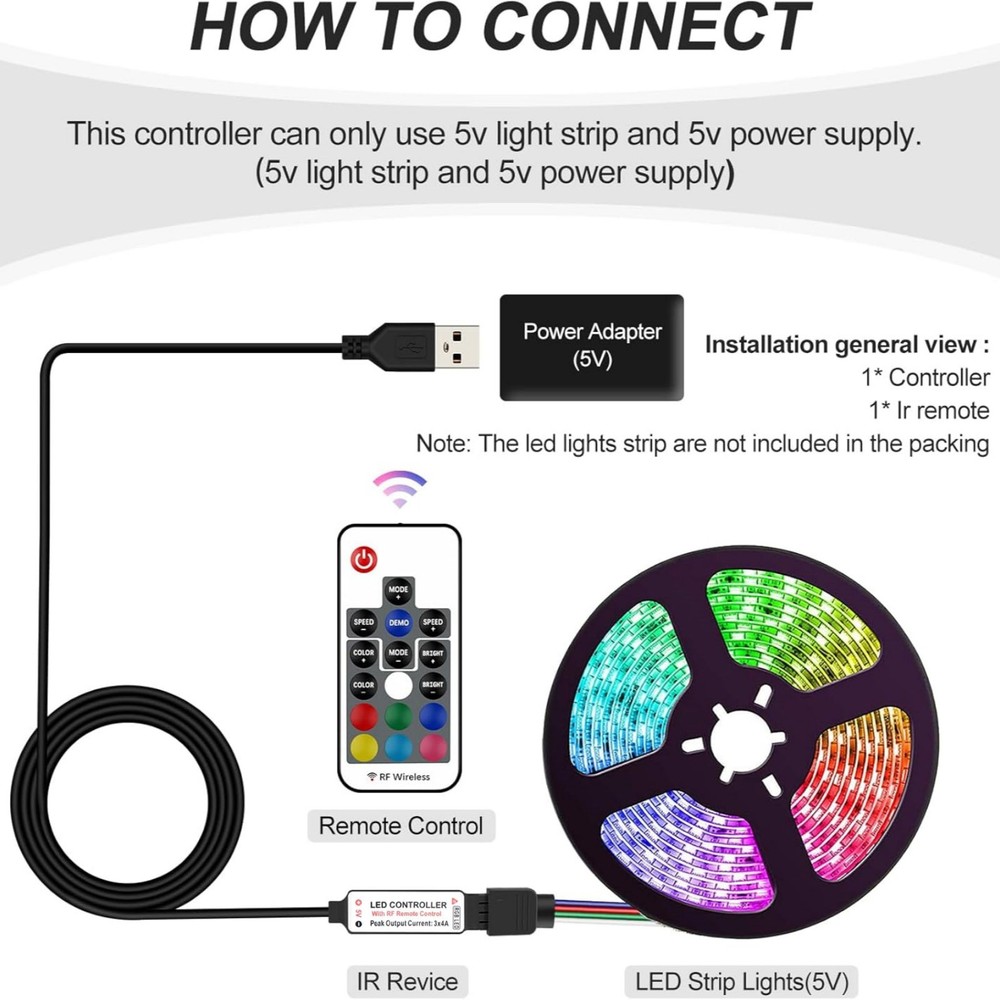 RGB Led Light Strip Controller 17-Key RF Wireless Remote DC5V USB Connector
