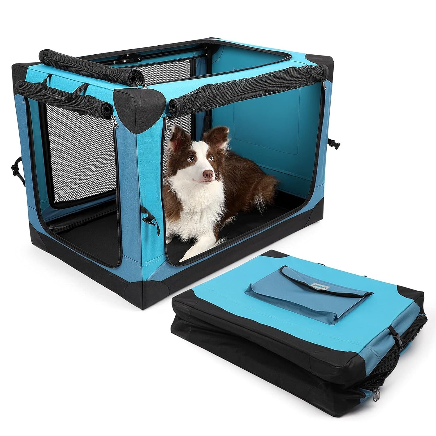4 Door Portable Folding Dog Soft Crate Mesh Mat Light Blue NIB