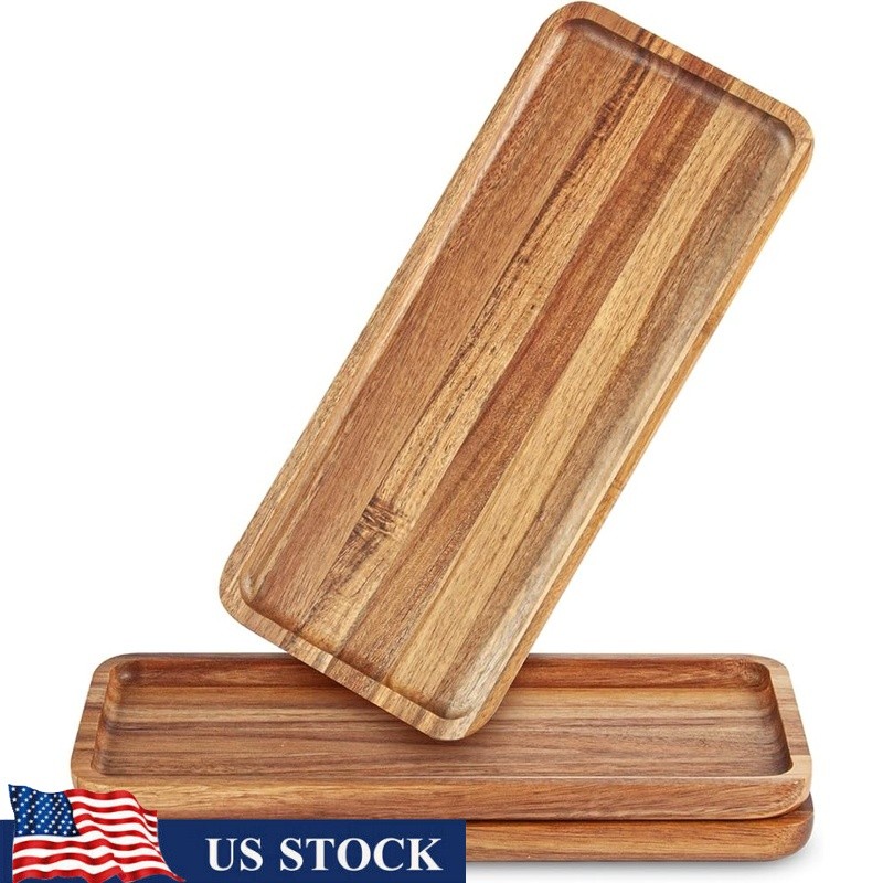 Wood Serving Tray Set 3 Acacia Rectangular Kitchen Organizer Rustic Display New