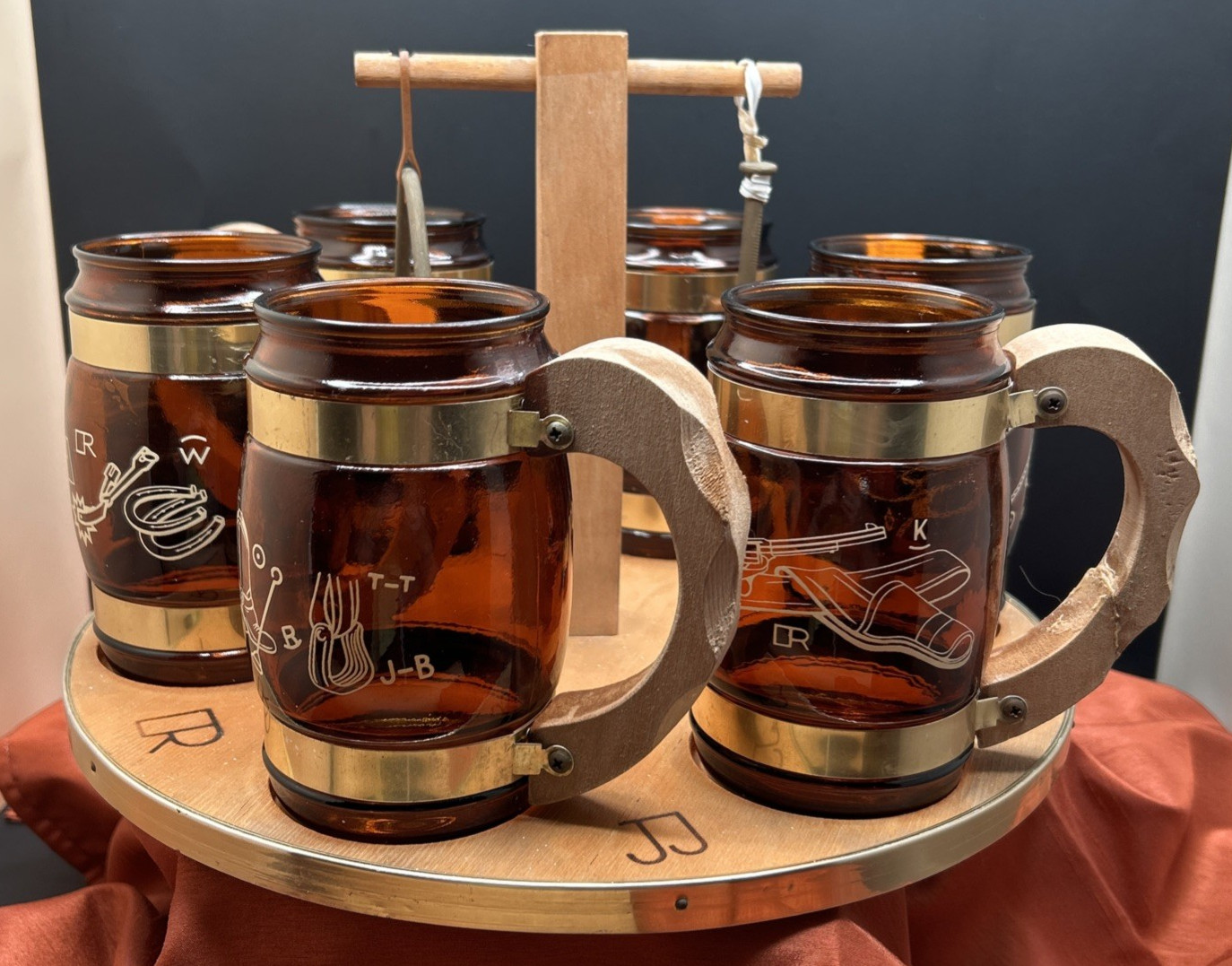 Vintage Siestaware Western / Wagon Wheel Bar Beverage Set with Caddy & Triangle