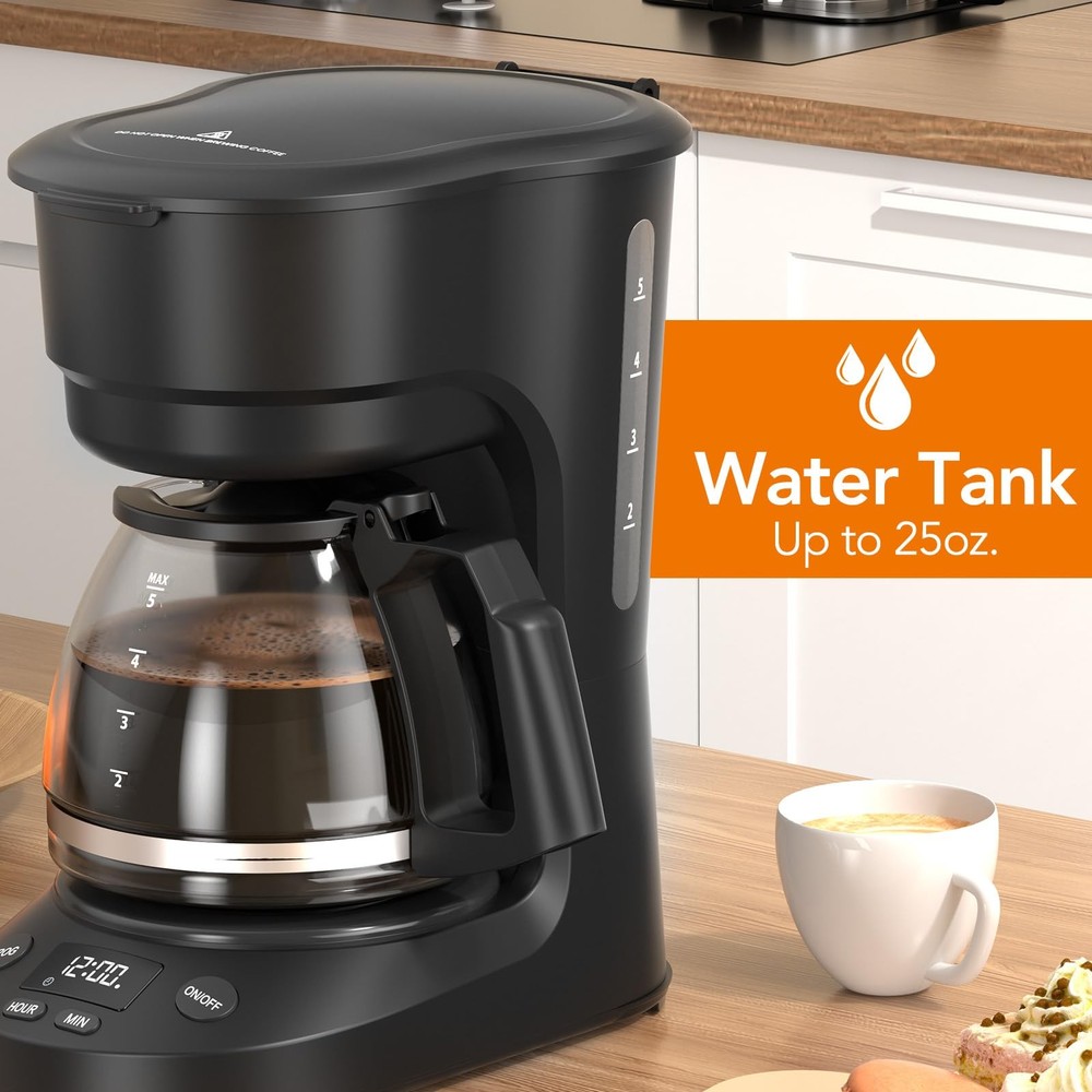 5-Cup Programmable Drip Coffee Maker, a compact coffee machine with a digital...