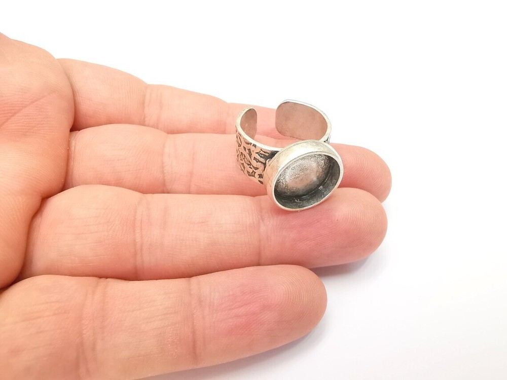 Round Antique Silver Ring Blank Setting, Cabochon Mounting Adjustable Resin Ring
