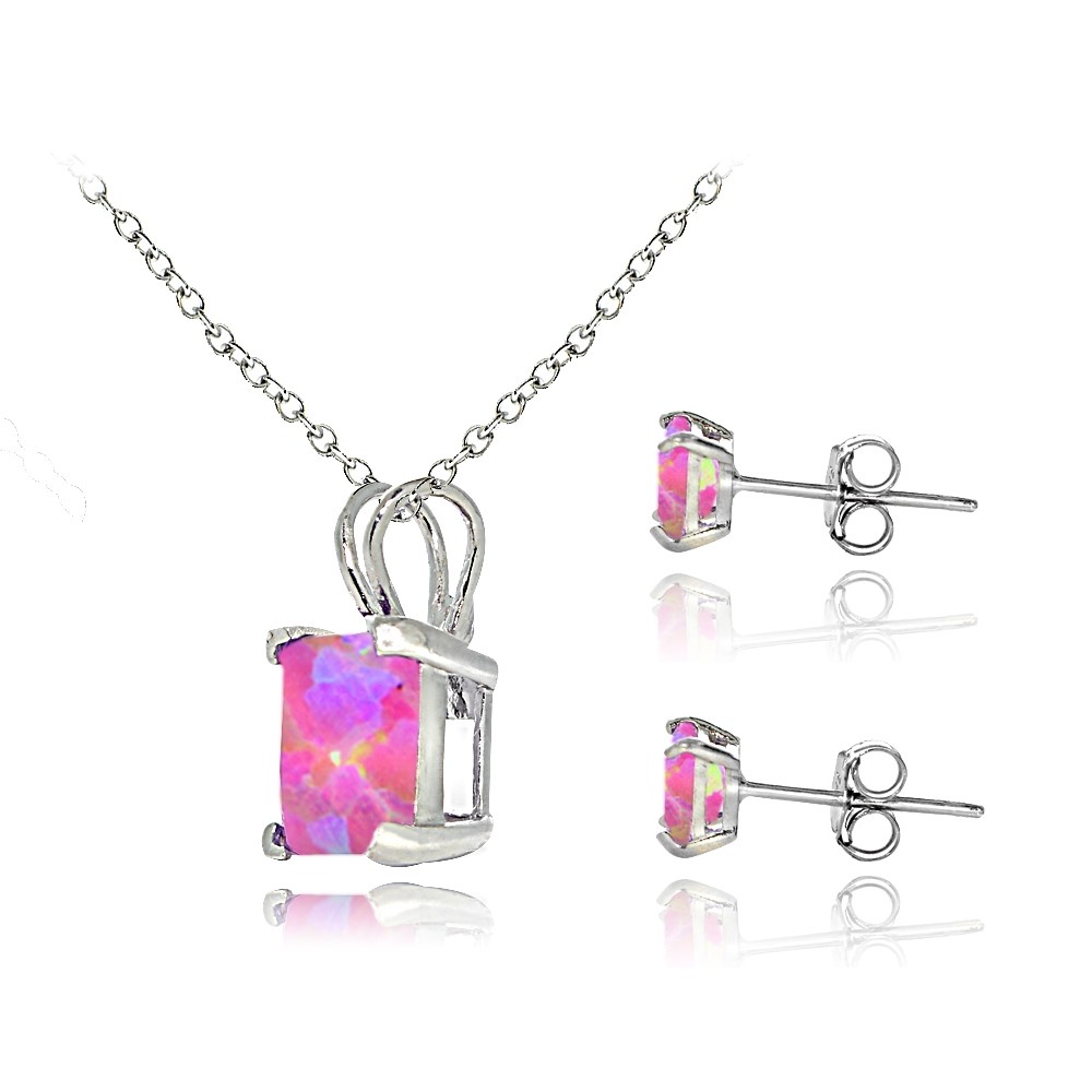 925 Silver 2ct Created Pink Opal Square Solitaire Pendant & Stud Earring Set