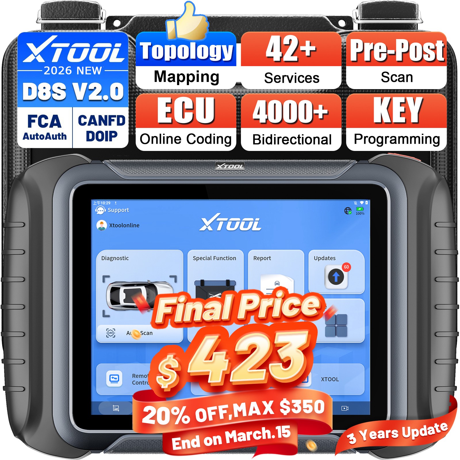 2026 XTOOL D8S V2.0 Auto Diagnostic Scanner Topology MAP E.CU Coding 42+ Service
