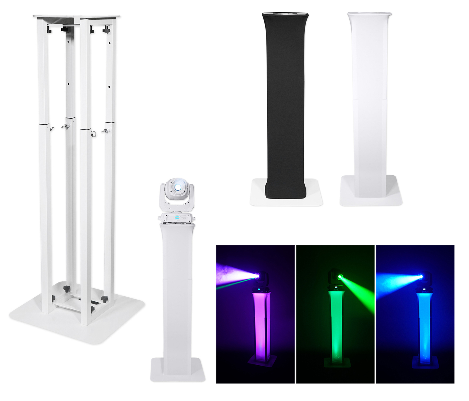 (2) Totem Stands+Black+White Scrims For (2) American DJ Vizi Beam RXONE Lights