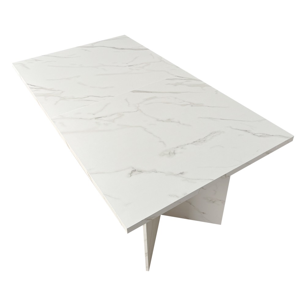 Extendable White Dining Table for 10 People Modern Faux Marble Rectangular Table