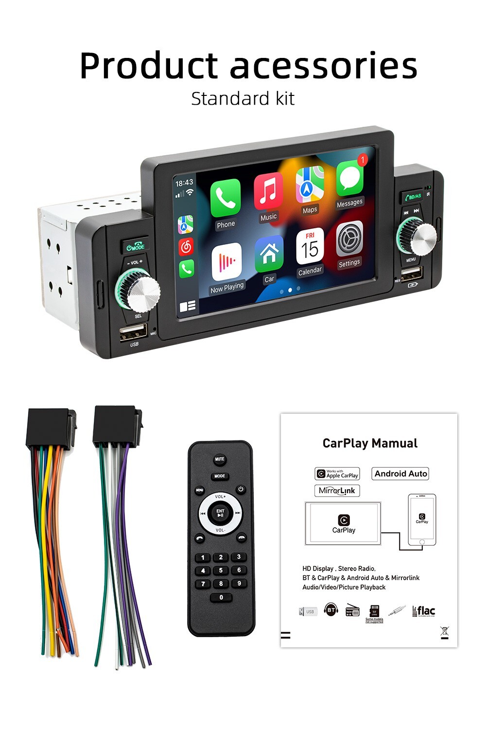 Single Din Car Stereo Radio Bluetooth MP5 Player For Apple Carplay Android Auto