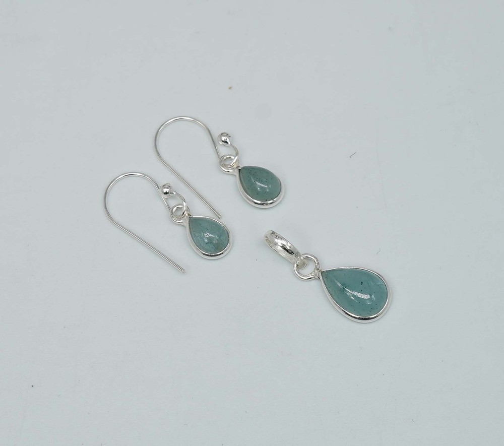 925 Solid Sterling Silver Aquamarine Hook Earring Pendant Set
