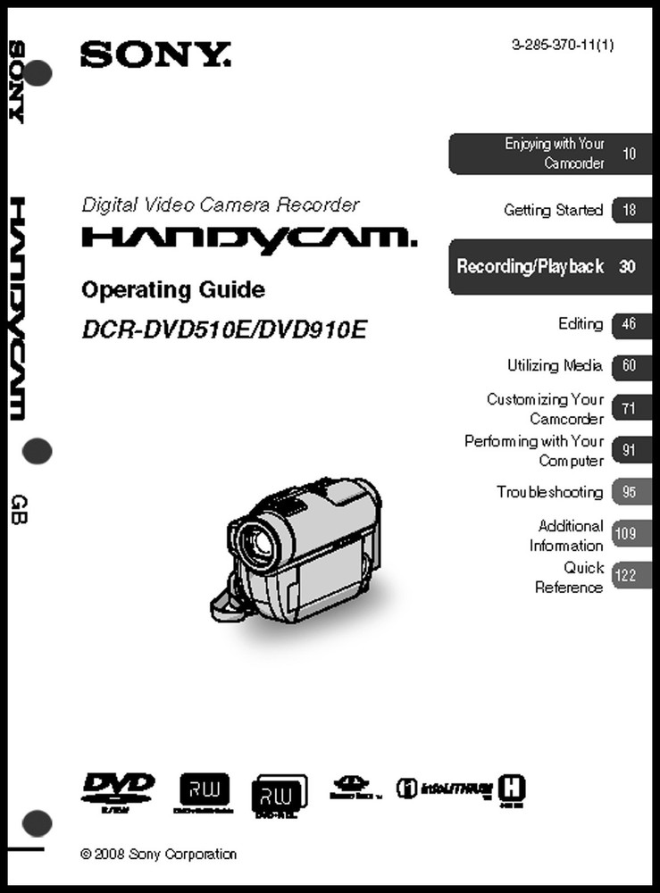 Sony DCR-DVD510E DCR-DVD910E Operation Users Guide Manual