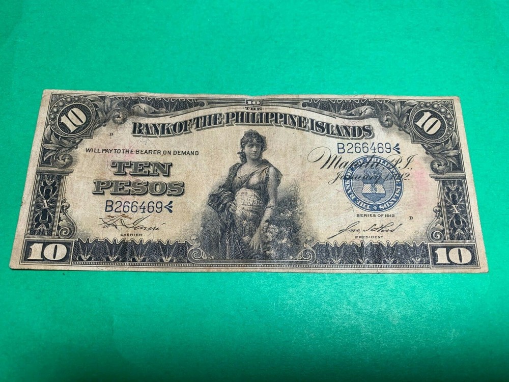 1912 10 PESO BANK OF THE PHILIPPINES ISLANDS B266469 HORD SIGN P-8a SCARCE