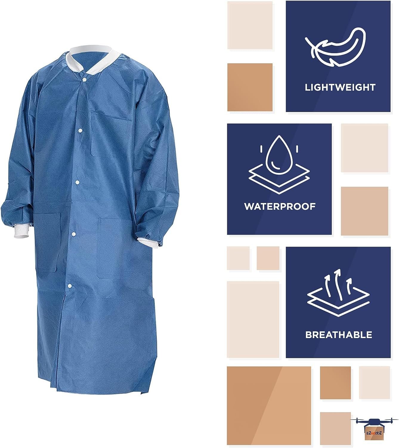 Disposable Lab Coats 38" Long 100ct Blue Adult Work Gowns Medium SMS 40 gsm PPE