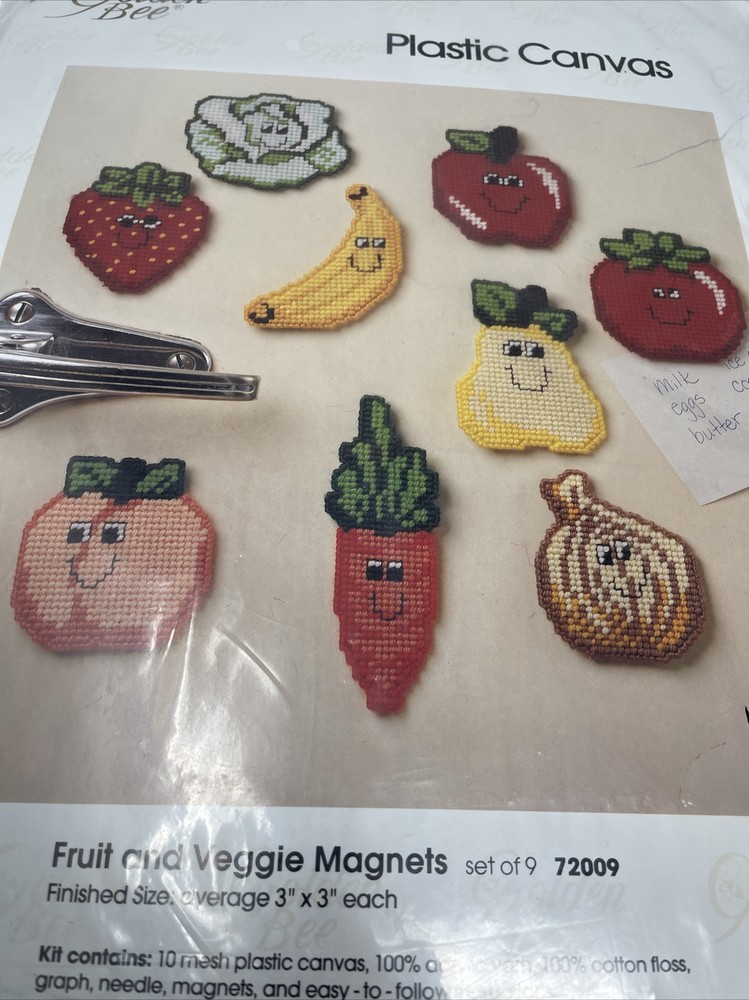 GOLDEN BEE PLASTIC CANVAS FRUIT AND VEGGIE MAGNETS NEEDLEPOINT