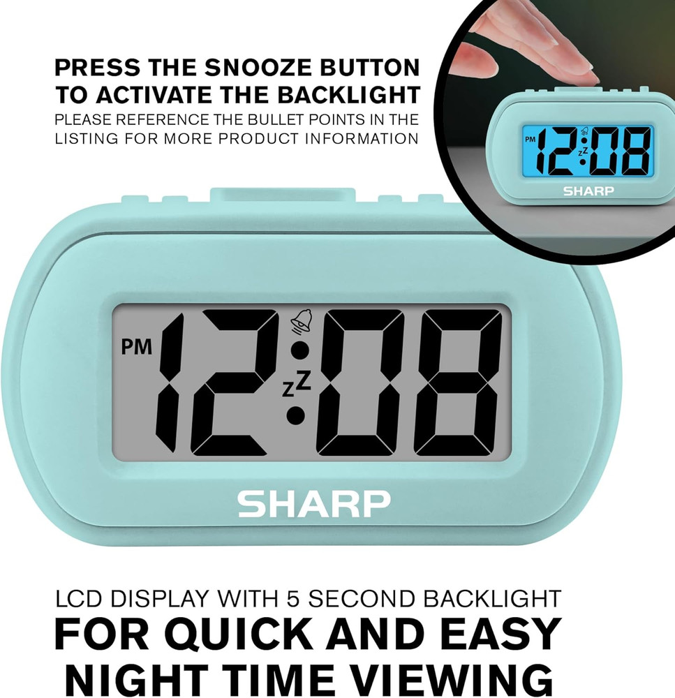 SHARP Digital Alarm Clock – Tactile Case with Soft Rubberized Finish - Battery O