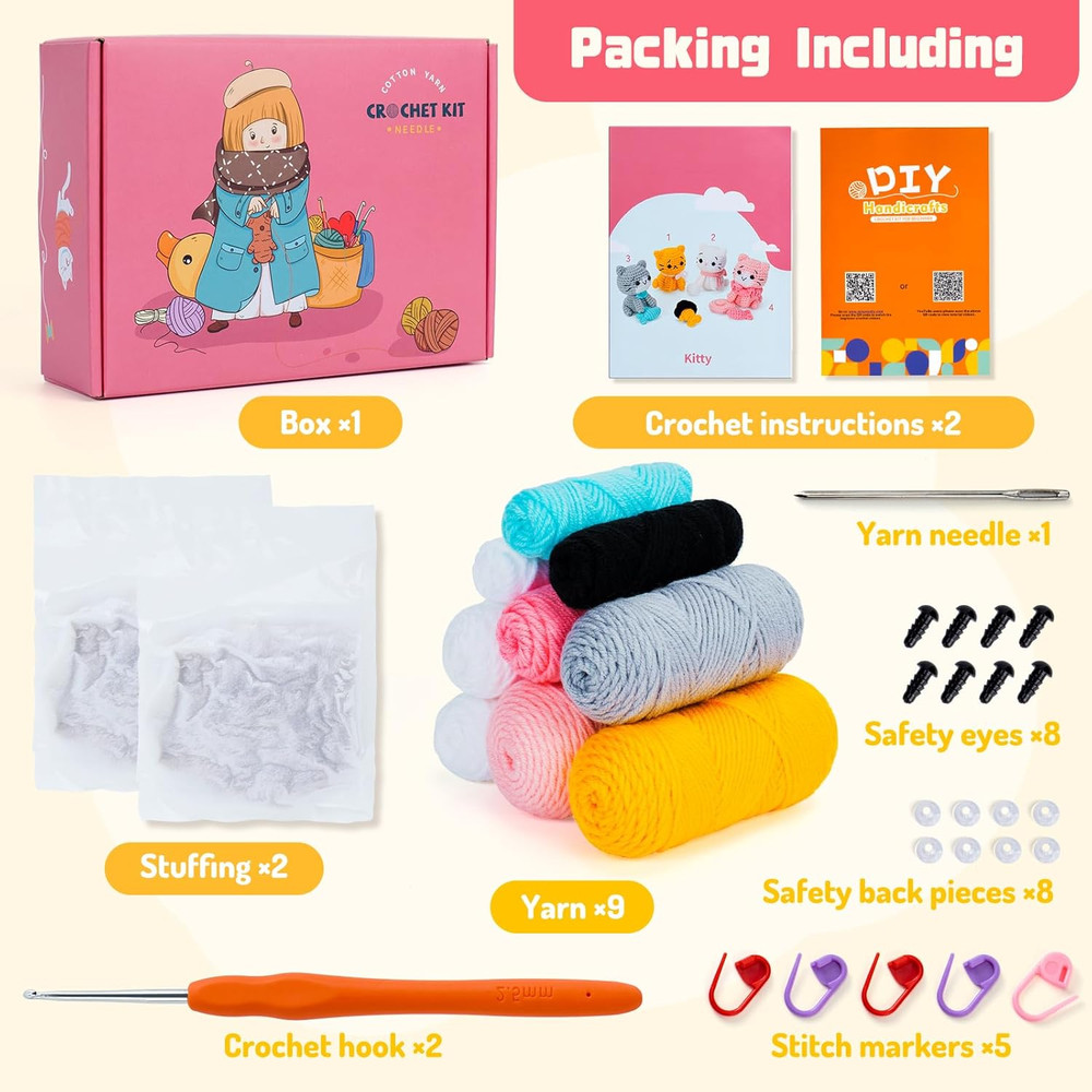 Crochet Kit for Beginners - Cat Crochet Kit with Step-by-Step Video Tutorials, L