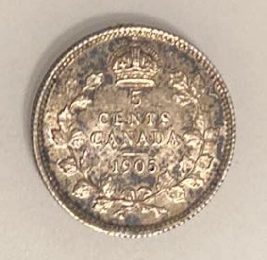 Toned AU 1905 Canada 5 Cent Silver