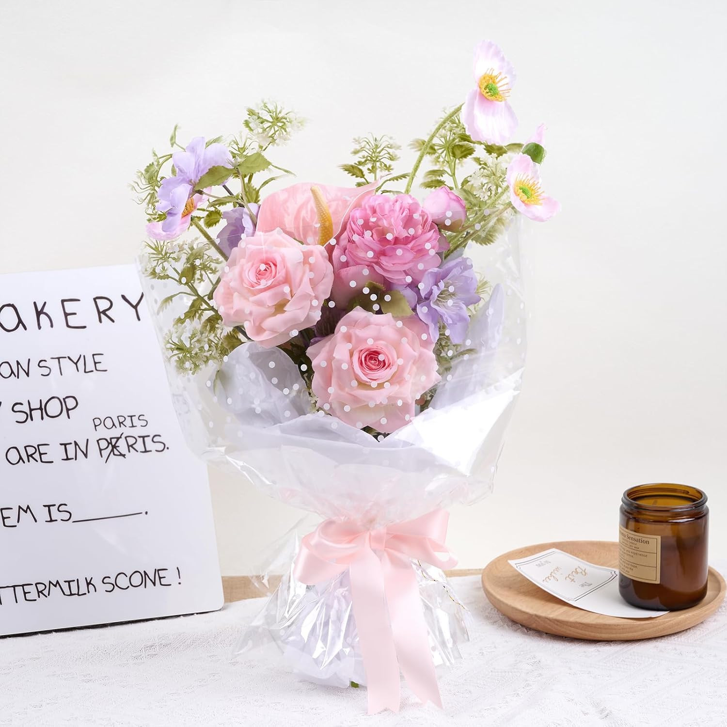 Clear Cellophane Wrap Roll 34 x 100 Ft with White Dots, Waterproof Gift Wrapping