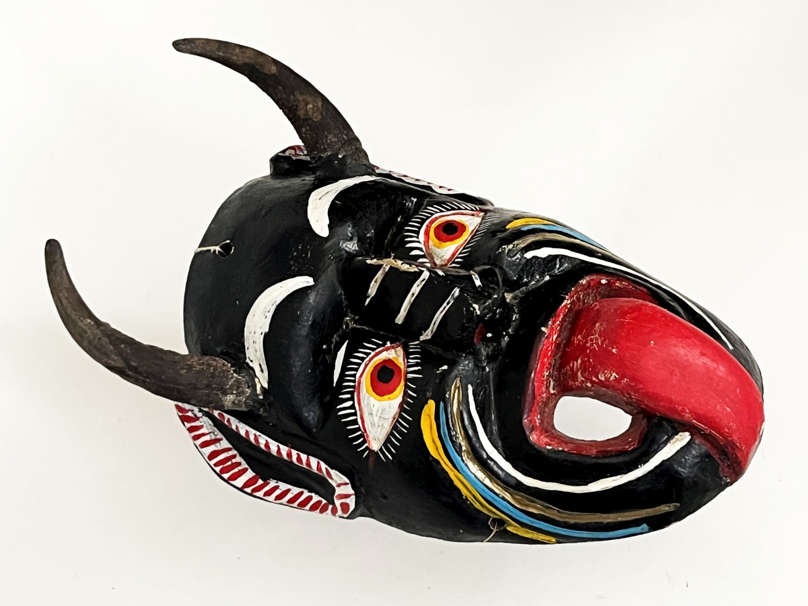 MEXICAN FOLK ART CARVED WOOD BLACK HORNED DIABLO DEVIL DEMON DANCE MASK 14 x 8"