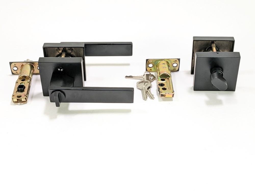 10 Pack Square Keyed Entry Levers & Single Cylinder Deadbolt Combo Flat Black