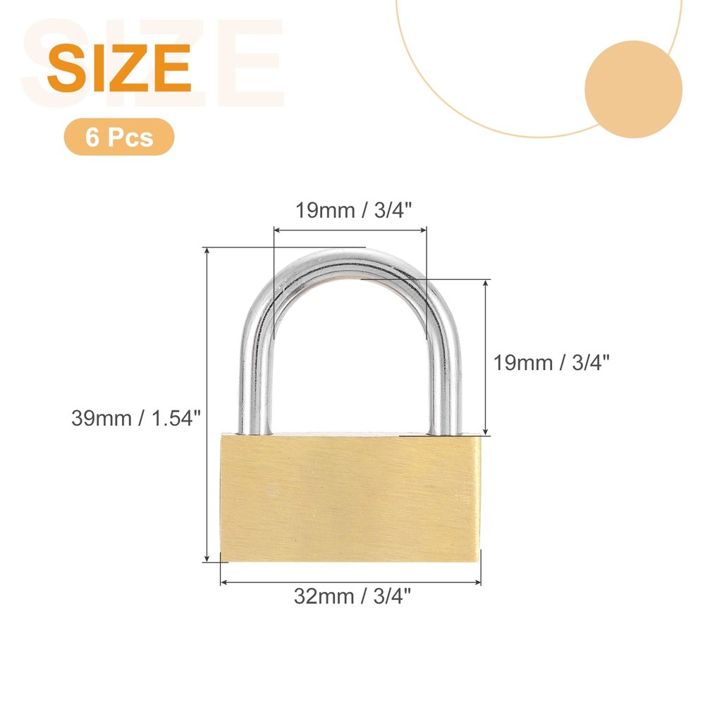 6Pcs Solid Brass Padlock with Key 1-1/4" Wide Body Small Locks Lock