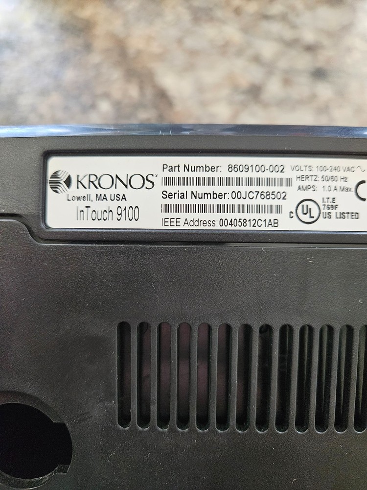 Kronos InTouch 9100 Time Clock - Factory Reset - with Power Adapter