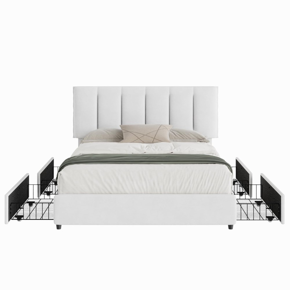 Queen Size Bed Frame with 4 Storage Drawers, Adjustable Height Headboard, Hea...