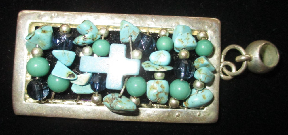 Handmade Beaded Turquoise Cross Pendant Necklace . Gift Box