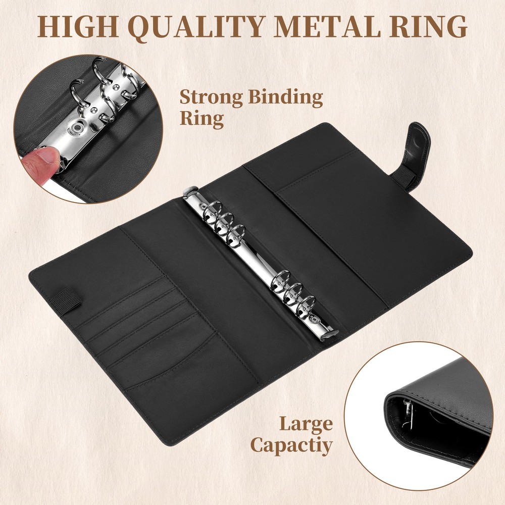 A5 PU Leather Binder Protector, 6 Ring Loose Leaf Notebook Shell, Black