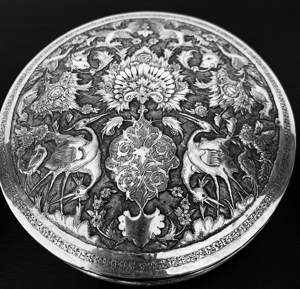 Antique hand engraved persian islamic arabic solid silver round box 520g