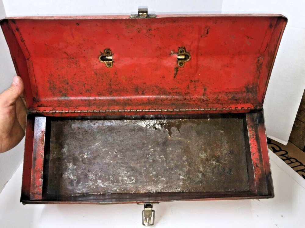 Vintage Toolbox Tool Box With Tray Solid Red FULLY FUNCTIONAL Extra Storage Auto