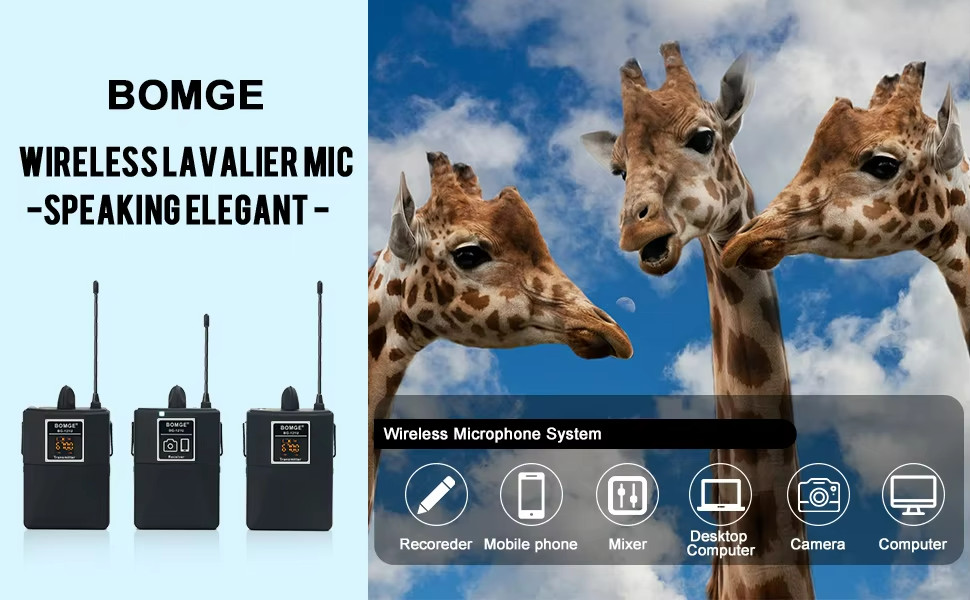 BOMGE 30 Channel UHF Wireless Dual Lavalier Microphone System 65m Range Cameras