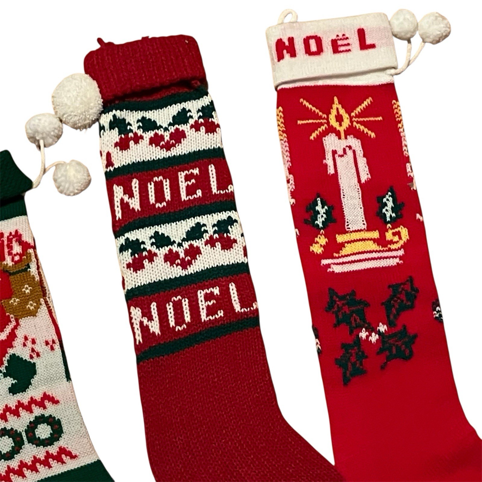 Vintage Christmas Stocking Lot Knit Red Green Santa Noel Poinsettia Tree Candle