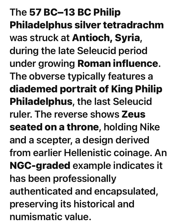 Silver Tetradrachm 57BC-13BC Philip Philadelphus Antioch Roman Rule NGC Graded